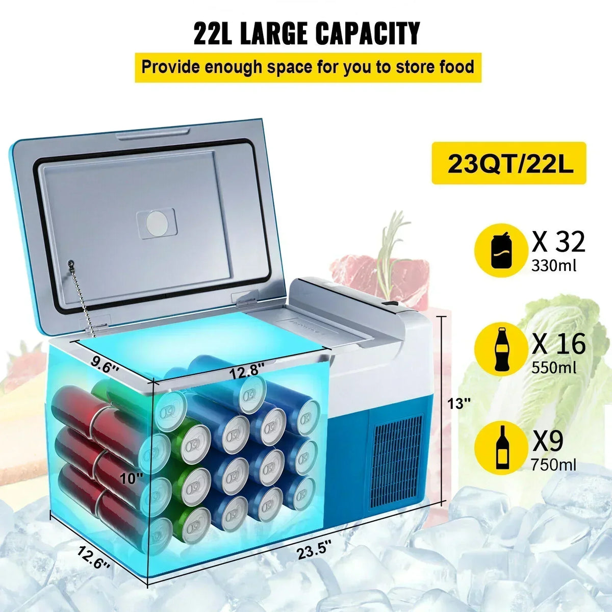 Car Fridge 22L Car Refrigerator 12/24v Car Refrigerator Compressor Portable Mini Electric Cooler for Outdoor and Home Use