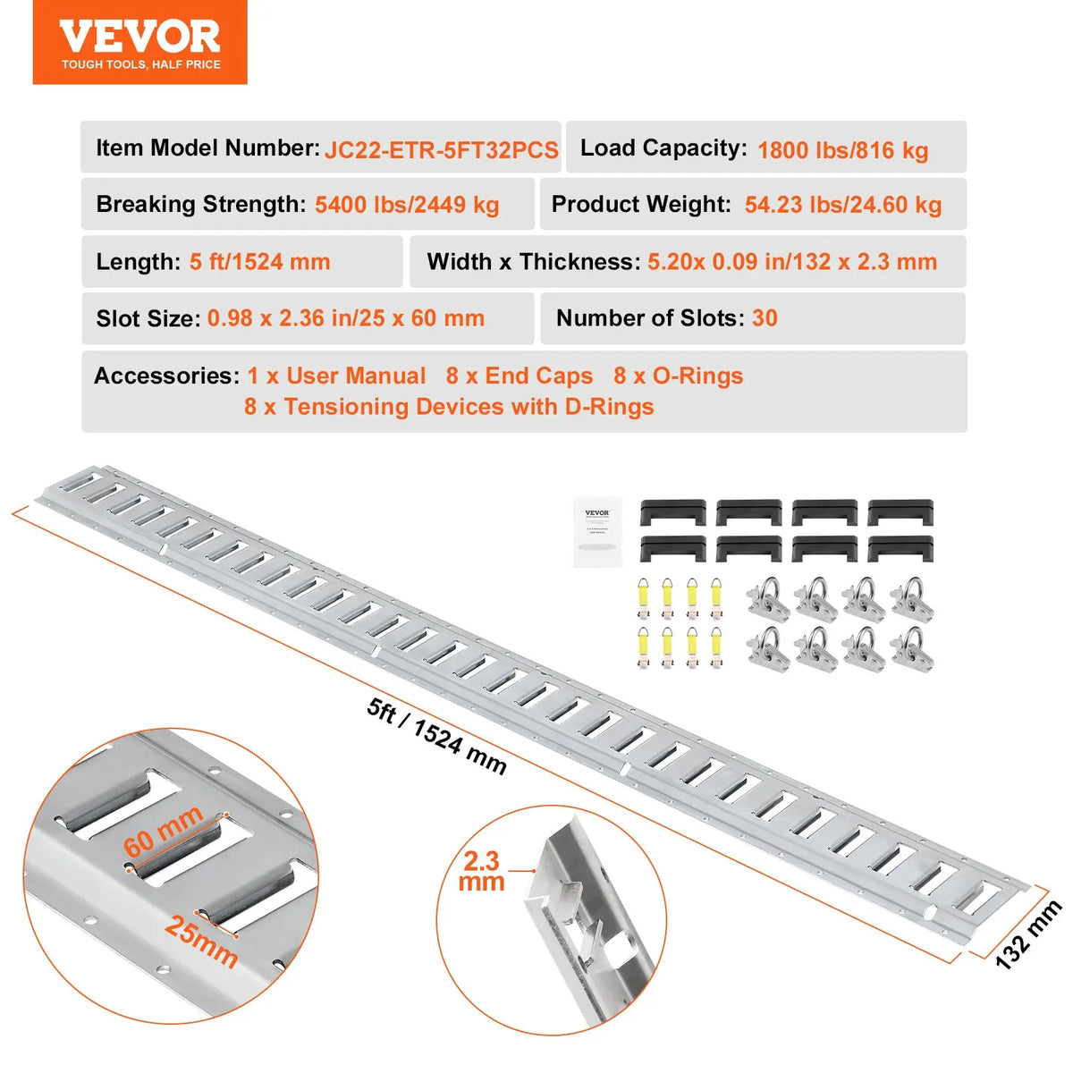 E Track Tie-Down Rail Kit 5Ft for Garages, Vans,Trailers, Motorcycle Tie Downs, ATV Mountings-Secure Cargo & Heavy Loads