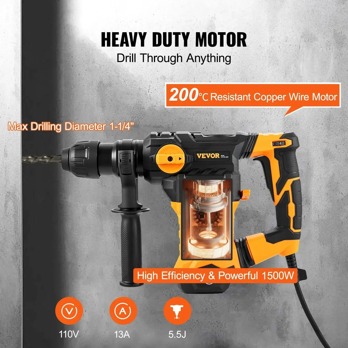 Rotary Hammer Drill  4 Modes SDS-Plus Corded Demolition Chipping Metal Concrete Breaker Jackhammer 1500W Max Drilling 32mm