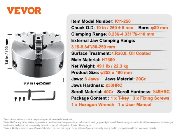 3-Jaw Lathe Chuck 100/125/160/200/250 mm Self-Centering Lathe Chuck Multiple Clamping Range for Lathe 3D Printer Machining