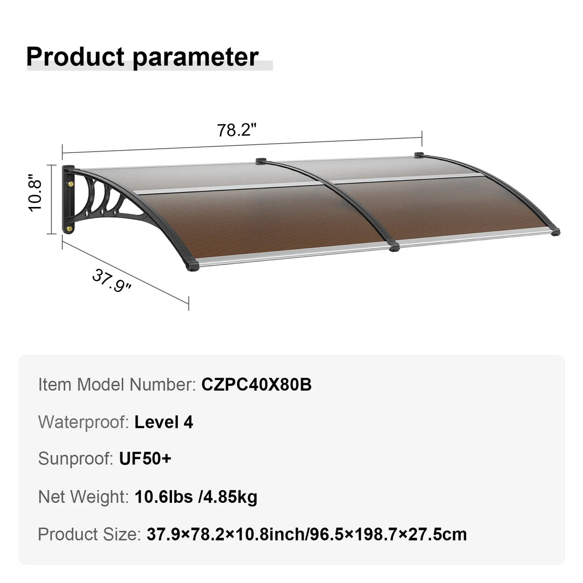 Window Door Awning Canopy 3 Sizes UPF 50+ Polycarbonate Entry Window Awning Front Door Overhang Awning for Sun Shutter