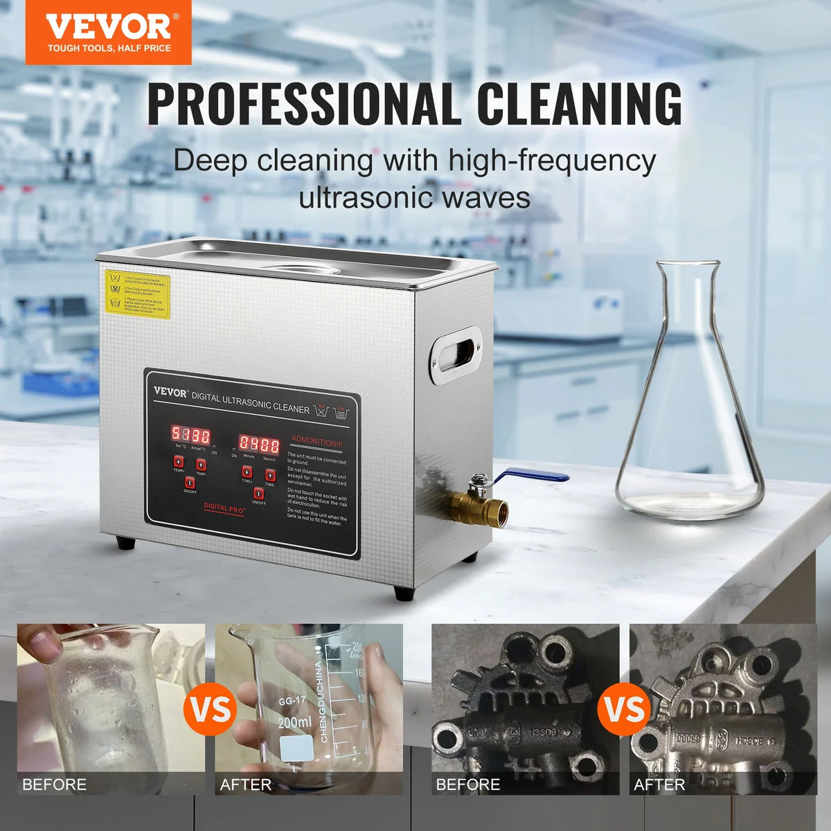 6L Ultrasonic Cleaner with Digital Timer & Heater, Ultra Sonic Jewelry Cleaner, Stainless Steel Heated Cleaning Machine