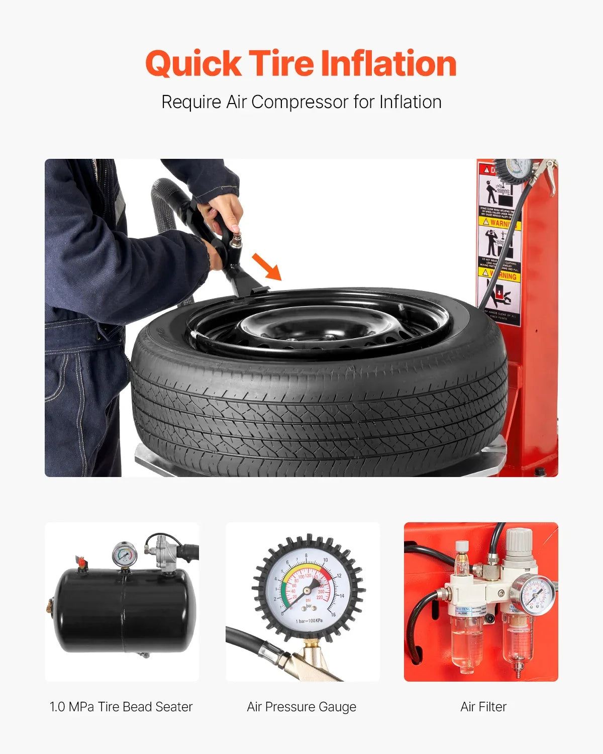 Tire Changer Machine, 1.5HP Copper Motor,  with Air Pressure Gauge & Pneumatic Assist Arm, Fit for Sedan/SUV/Pickup Truck