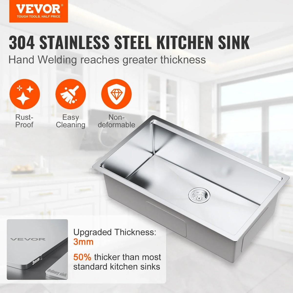 25-32inch Stainless Steel Kitchen Sink Undermount Single Bowl Workstation Step Sink with Cutting Board and Basket Strainer