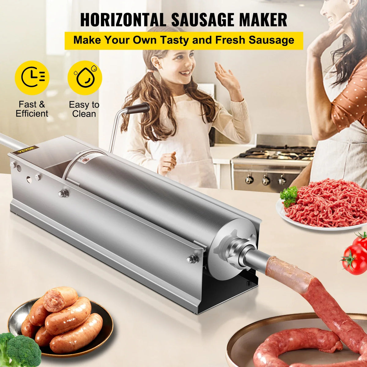 Manual Sausage Stuffer, 7 L Horizontal Sausage Machine, Dual-Speed Meat Stuffer, Made of Food-Grade 304 Stainless Steel