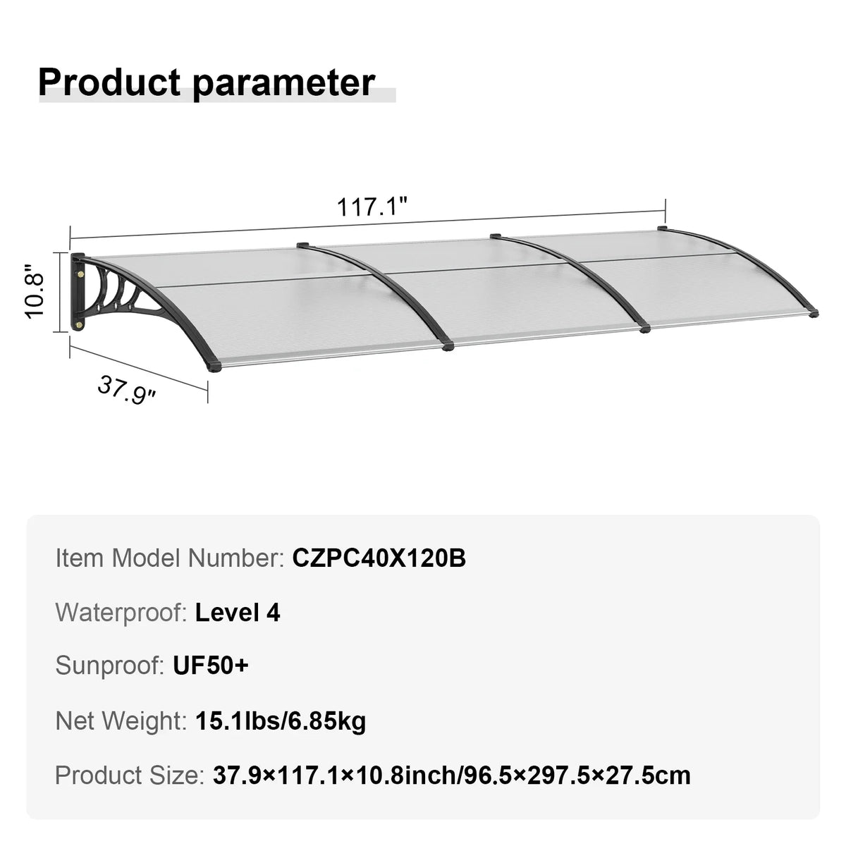 Window Door Awning Canopy 3 Sizes UPF 50+ Polycarbonate Entry Window Awning Front Door Overhang Awning for Sun Shutter