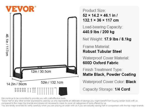 4.3/8.5/12.7FT Outdoor Firewood Rack w/Cover Heavy Duty Firewood Holder & 600D Oxford Waterproof Cover for Fireplace Patio