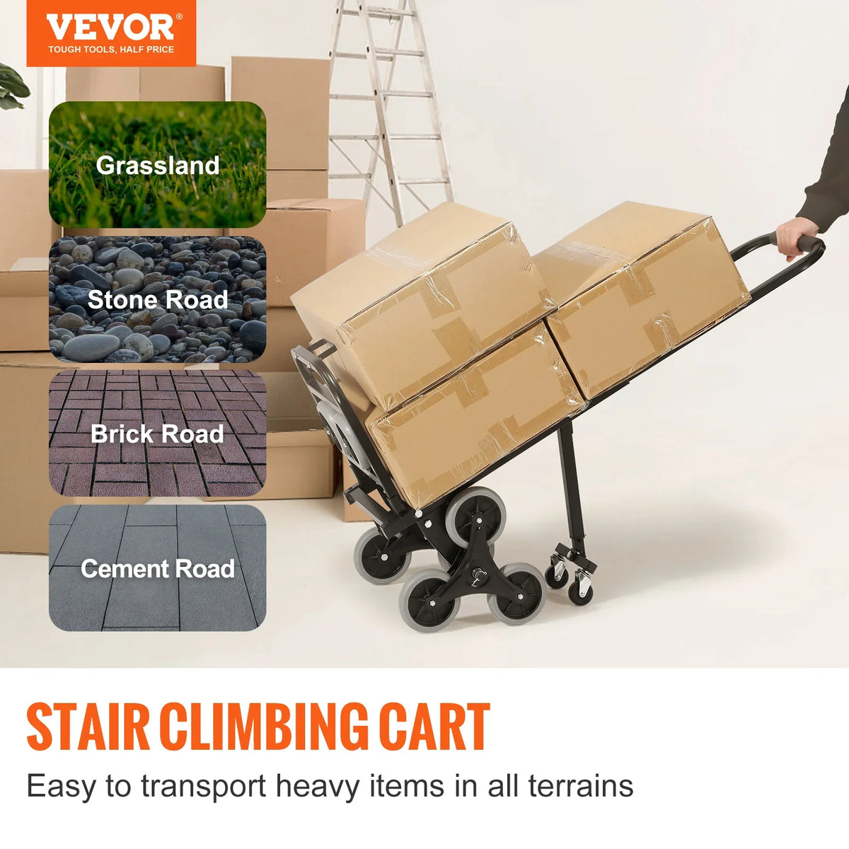 375lbs Stair Climbing Cart Foldable Dolly with Adjustable Handle Hand Truck 10 Wheels All Terrain Cart for Transport Goods