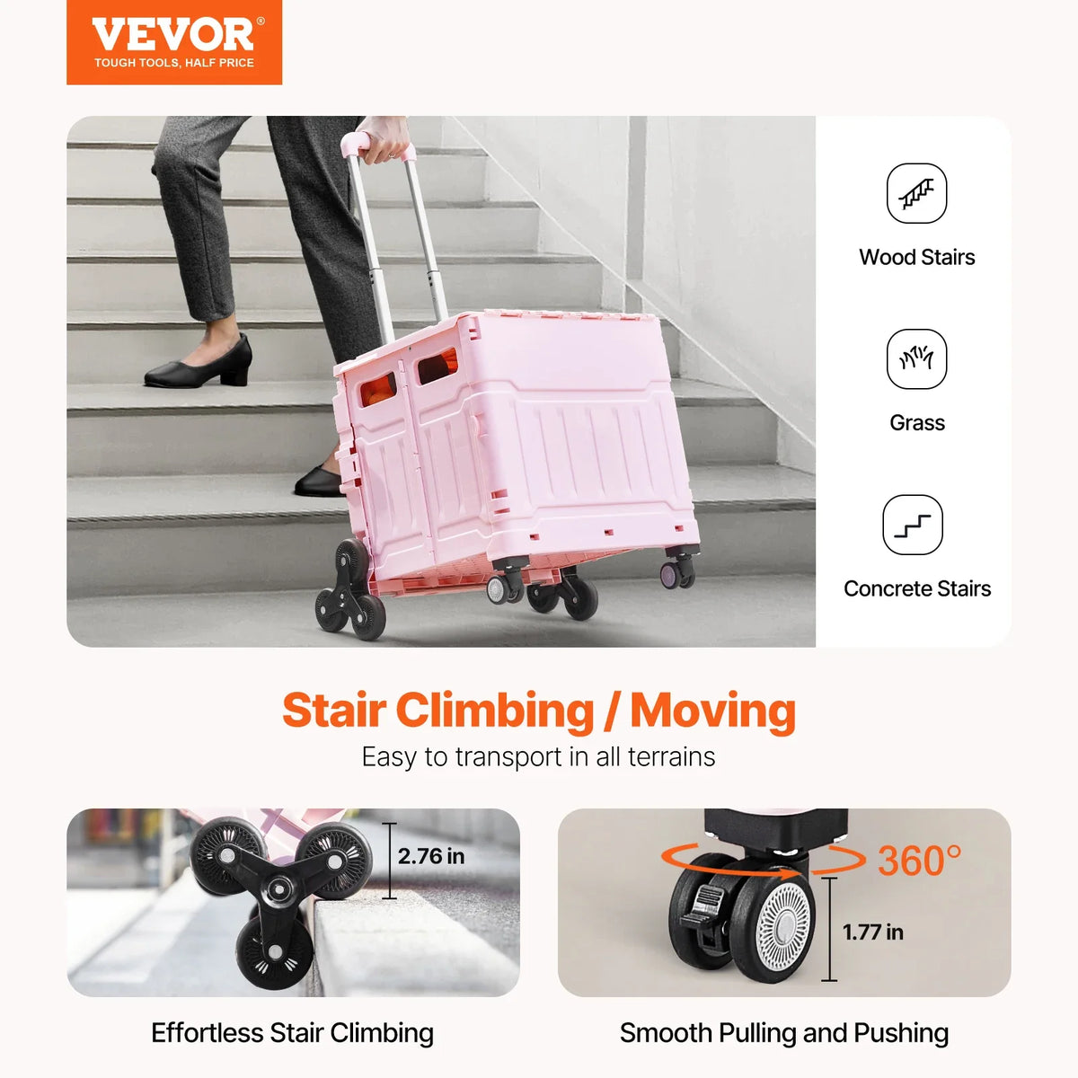 150lbs Stair Climbing Cart 65L Foldable Utility Hand Cart with Wheels Collapsible Crate Rolling Cart for Shopping Office