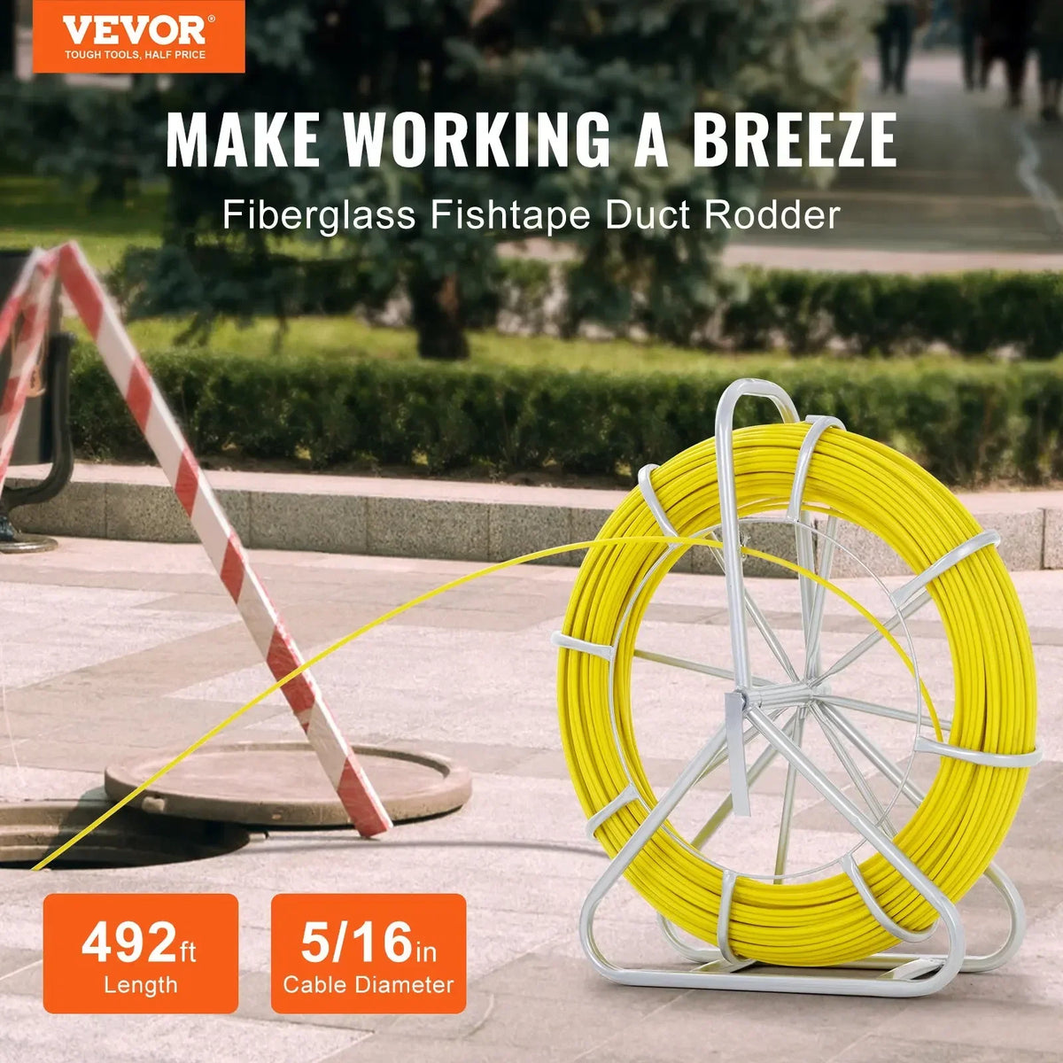 Fish Tape Fiberglass, 425/492 ft, Duct Rodder Fishtape Wire Puller, Cable Running Rod with Steel Reel Stand 3 Pulling Head