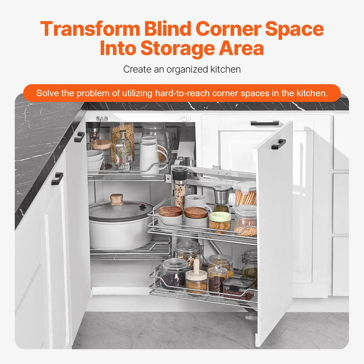 18"W Opening Blind Corner Pull Out Organizer, 2 Tier 4 Shelf Kitchen Cabinet Organizer, Chrome Carbon Steel Storage Basket