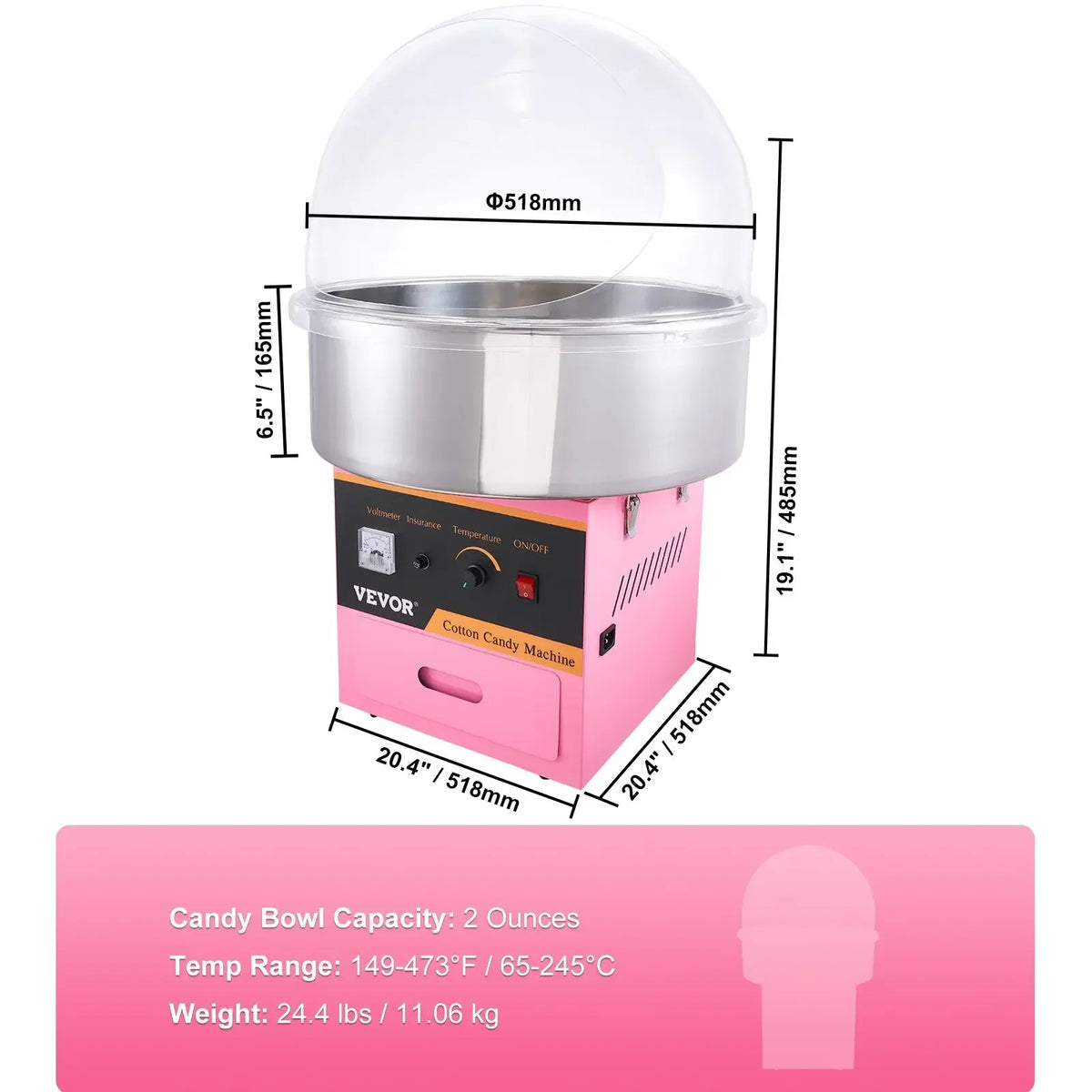 Electric Cotton Candy Machine Commercial Floss Maker with Stainless Steel Bowl Sugar Scoop and Drawer for Birthday Party