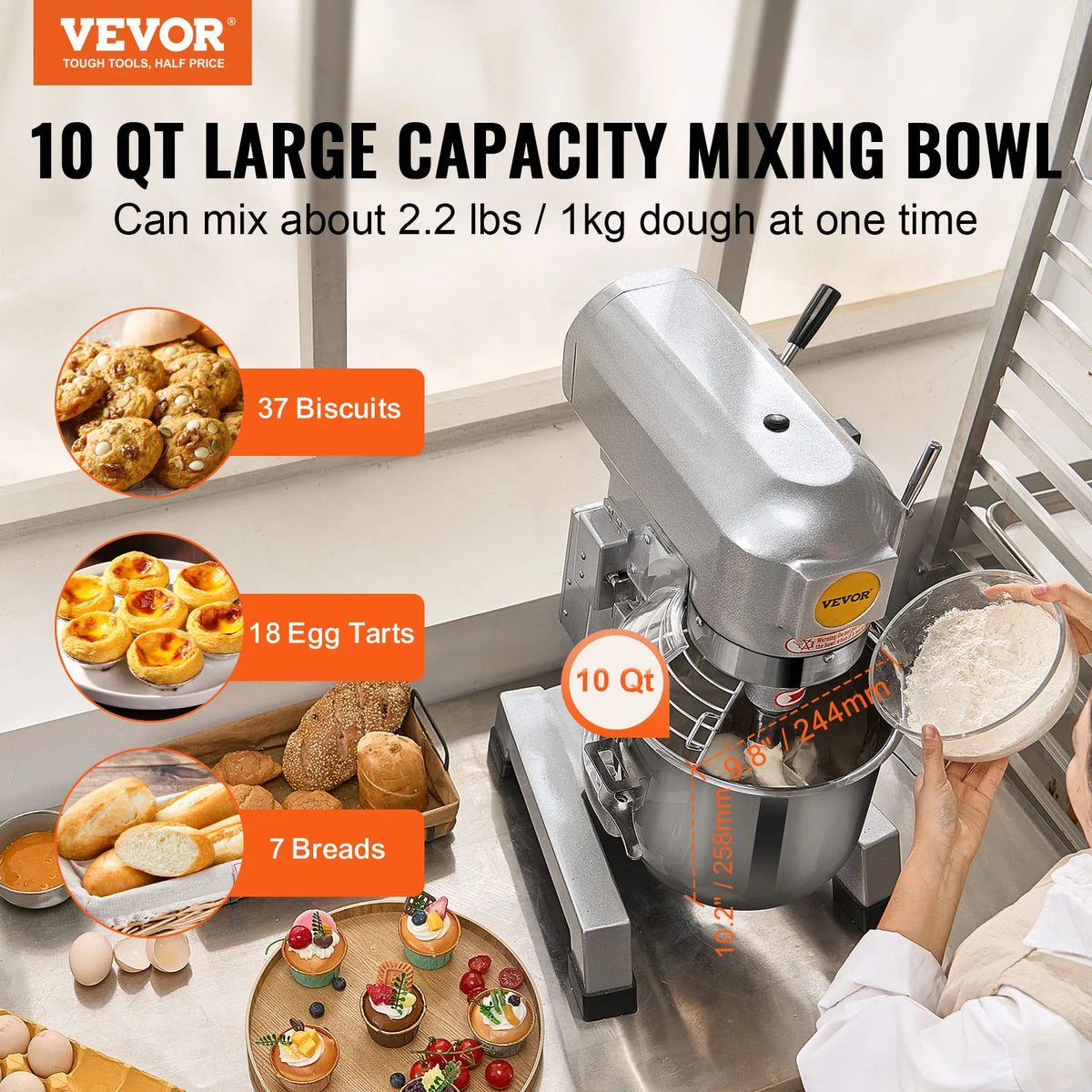 Commercial Food Mixer, 10L Commercial Stand Mixer with 3 Adjustable Speeds, 550W Dough Mixer with Stainless Steel Bowl