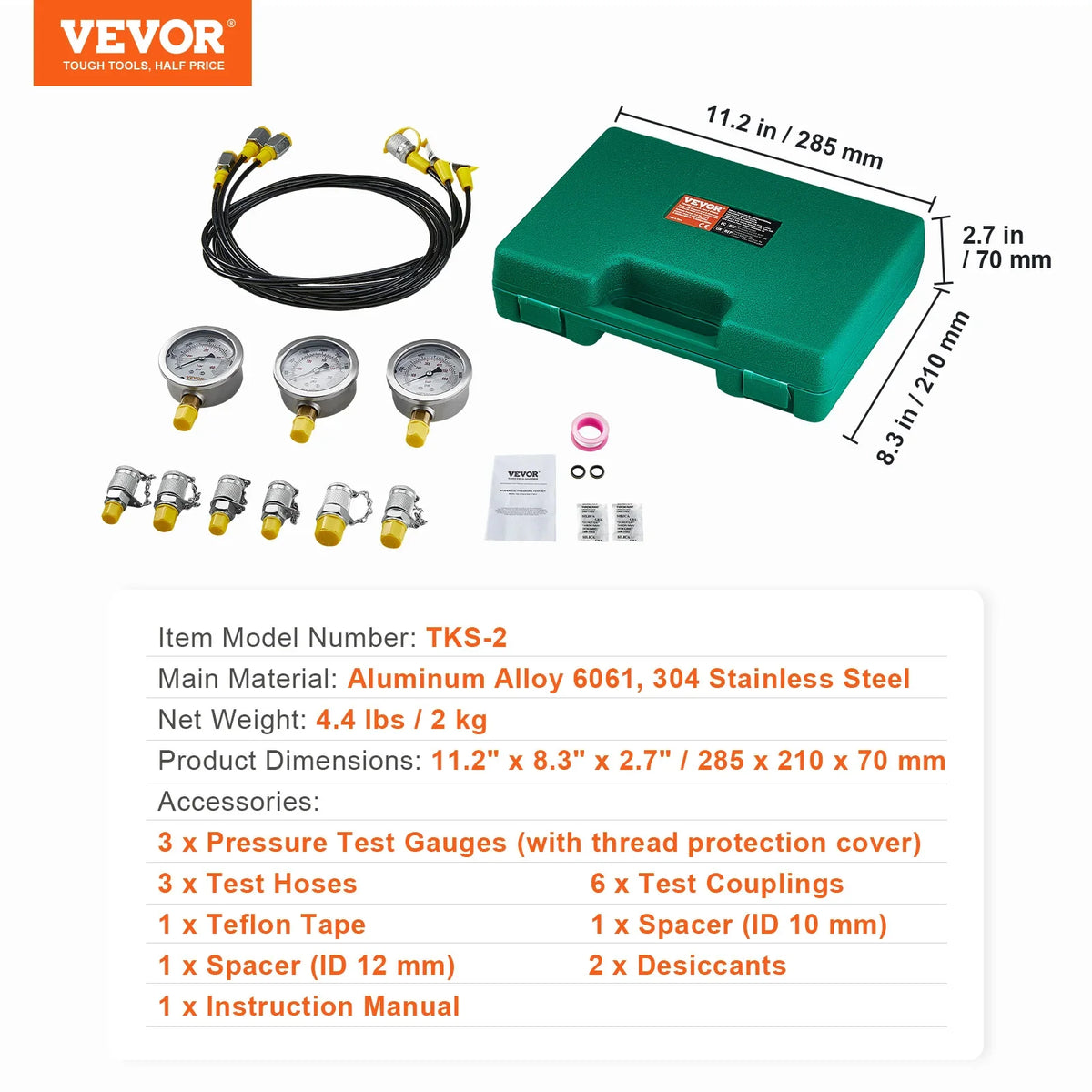 Hydraulic Pressure Test Kit 250/400/600bar 3Gauges 6 Test Couplings 3 Test Hoses Excavator Hydraulic Test Gauge Set 
TKS-2