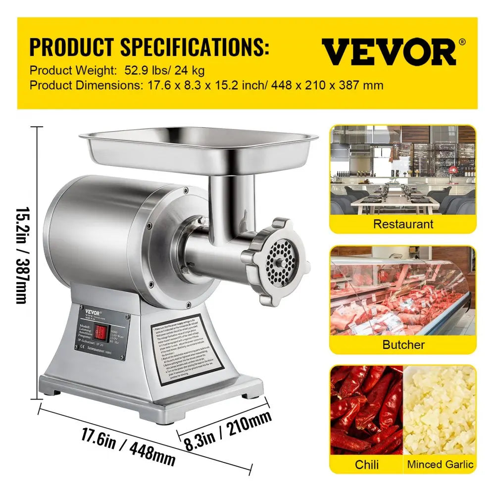 Commercial Meat Grinder 550LB/h Electric Sausage Maker Stainless Steel with 2 Blades, Grinding Plates & Stuffing Tubes