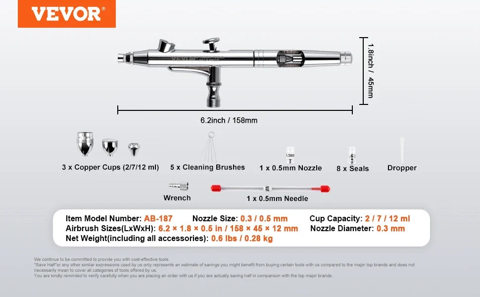 Airbrush Gun Dual Action Gravity Feed with 0.3 mm and 0.5 mm Nozzles Airbrush Kit with 2/7/12ml Copper Cups and Cleaning