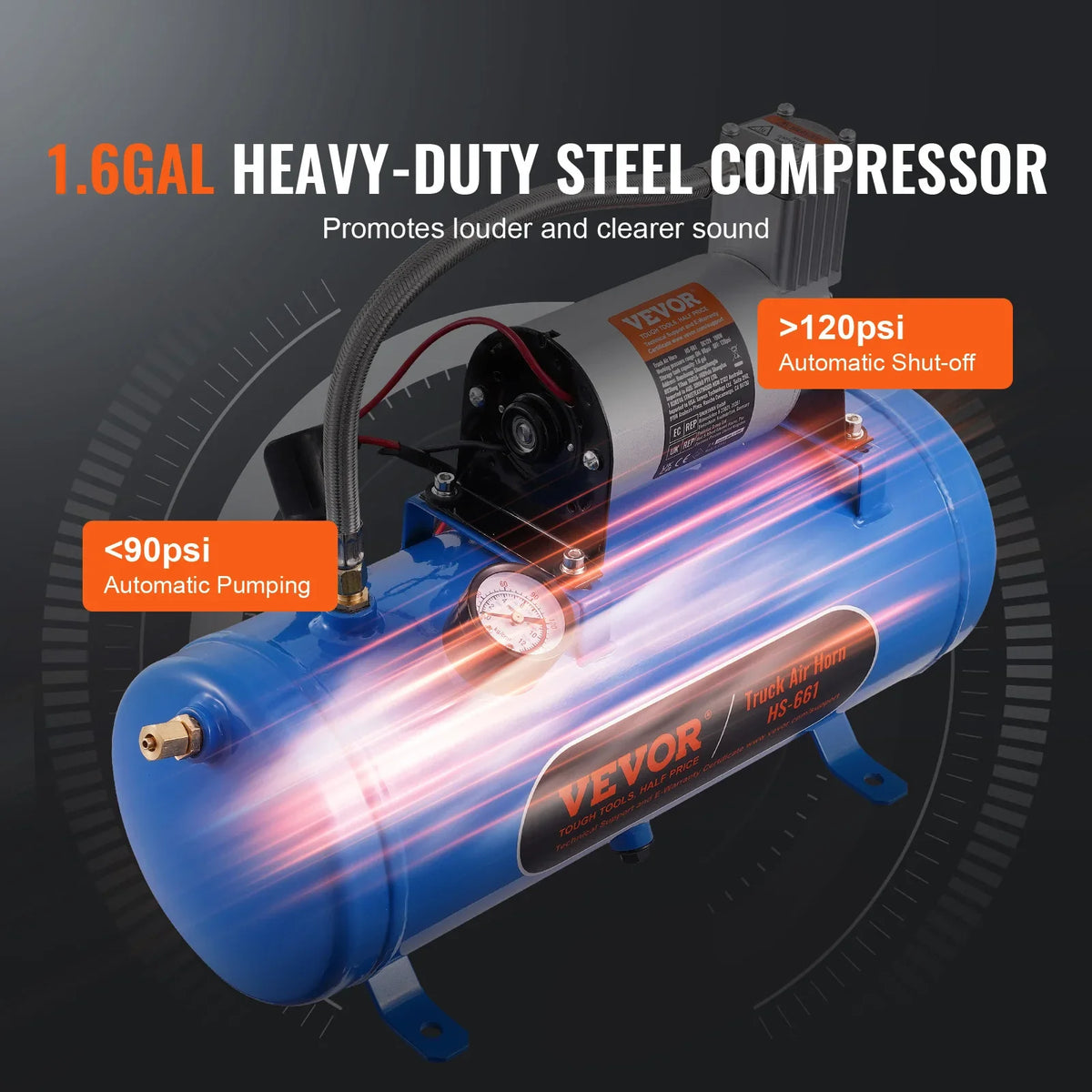 4 Trumpet Air Horn Kit 12V 120 psi Air Compressor 1.6 Gal/6 L Tank with Gauge for Any 12V Vehicle Car Truck Train Van Boat