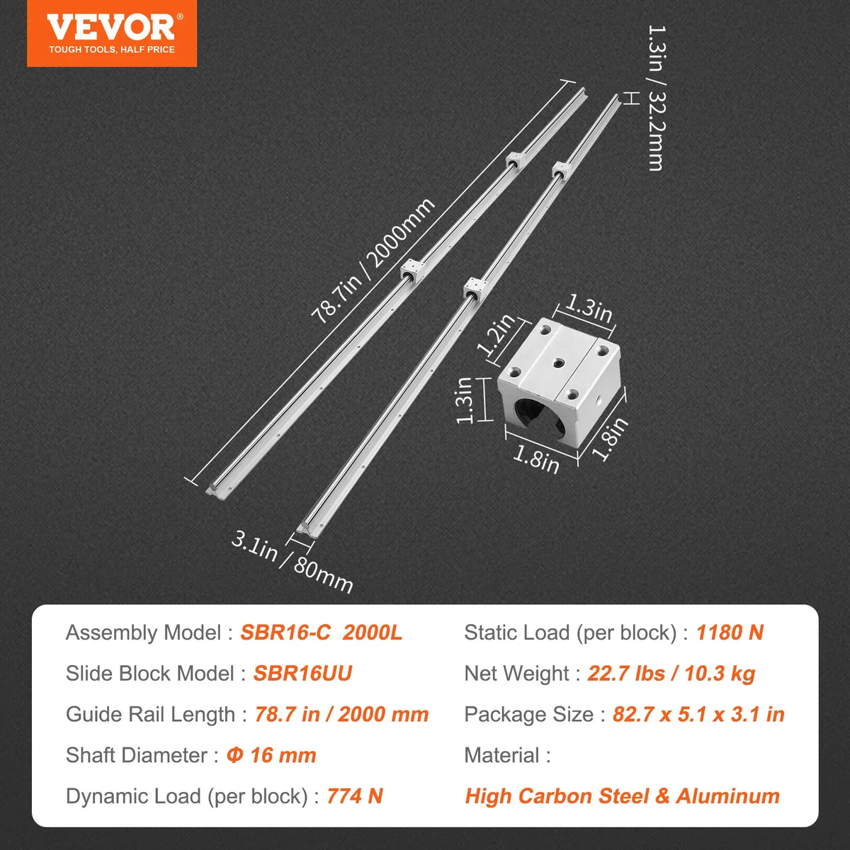 2PCS Linear Guide Rails SBR12 SBR16 SBR20 SBR25 800-2200mm & 4PCS UU Bearing Blocks Smooth Motion for DIY Mills CNC Parts