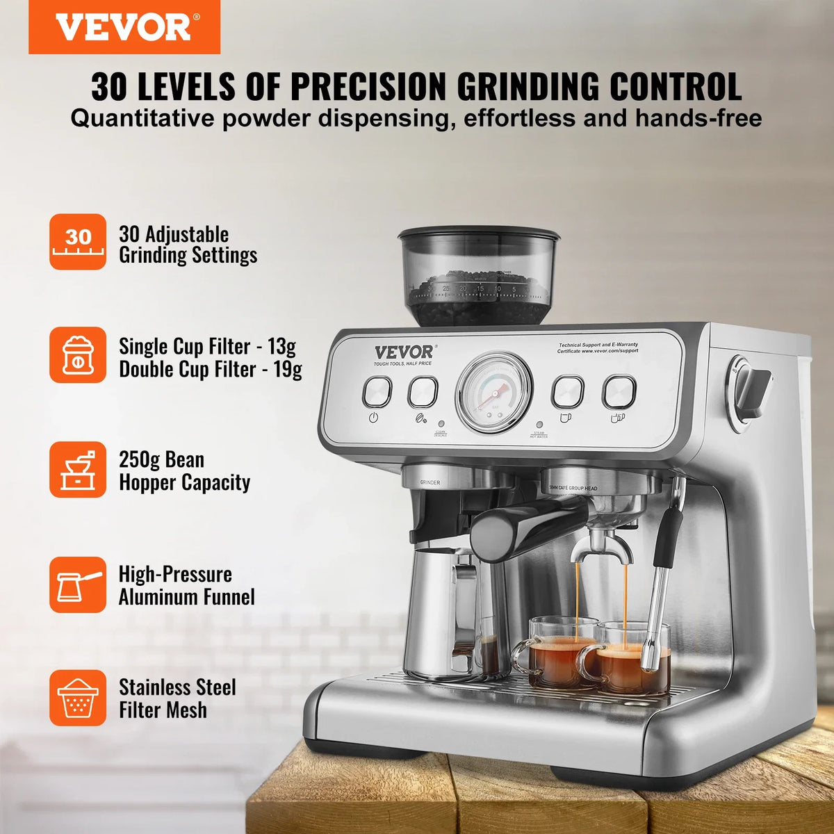 Espresso Machine with Grinder, 15 Bar Semi-Automatic Espresso Coffee Maker w/Milk Frother Steam Wand, for Cappuccino,Latte