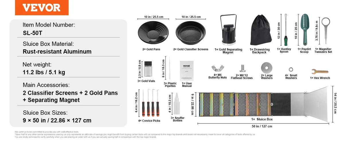 50" 12" Complete Sluice Box Gold Panning Kit Aluminum Alloy Gold Mining Equipment 23/16 PCS Gold Prospecting Kit