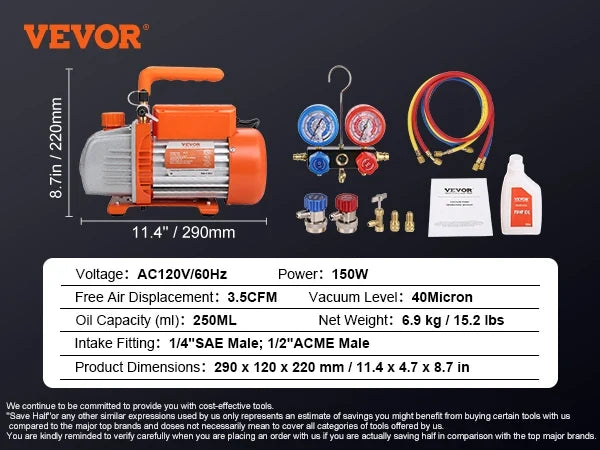 3.5/4CFM Single Stage Rotary Vane HVAC Air AC Vacuum Pump & A/C Refrigerant Kit Manifold Gauge Set for Air Conditioning