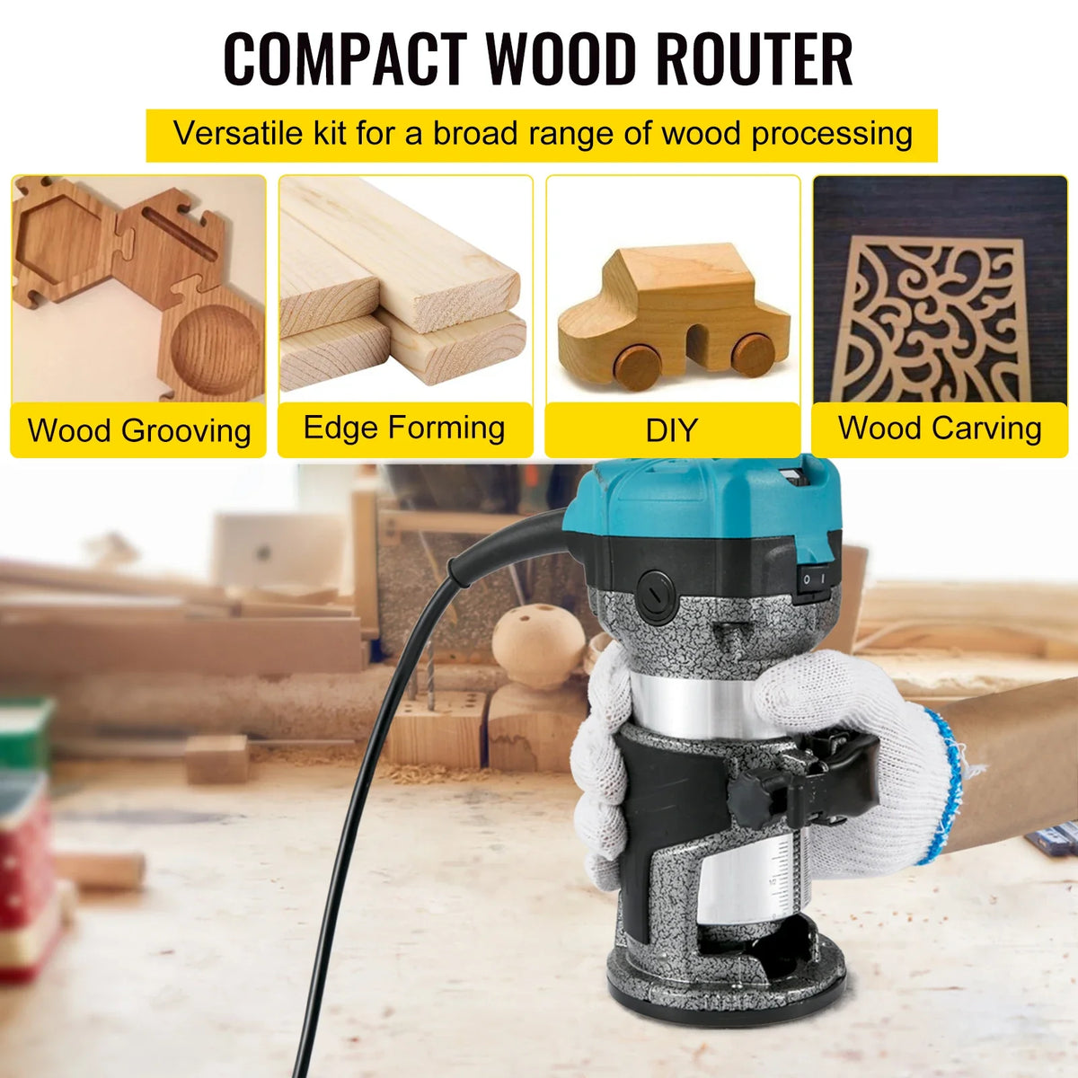 Wood Router Machine Electric Trimmer 710W 33000RPM Power Carpentry Tool for Woodworking Trimming Grooving Carving Milling