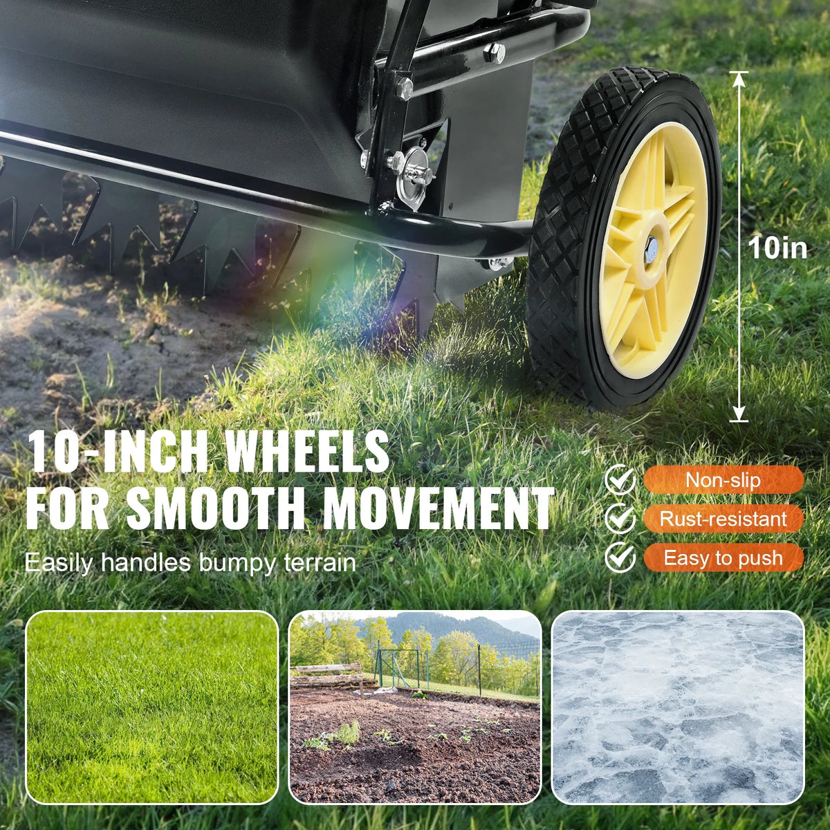 Broadcast Spreader 100 LB 10inch Wheels Steel Spike Aerator For Residential Farm Tough Terrain Black