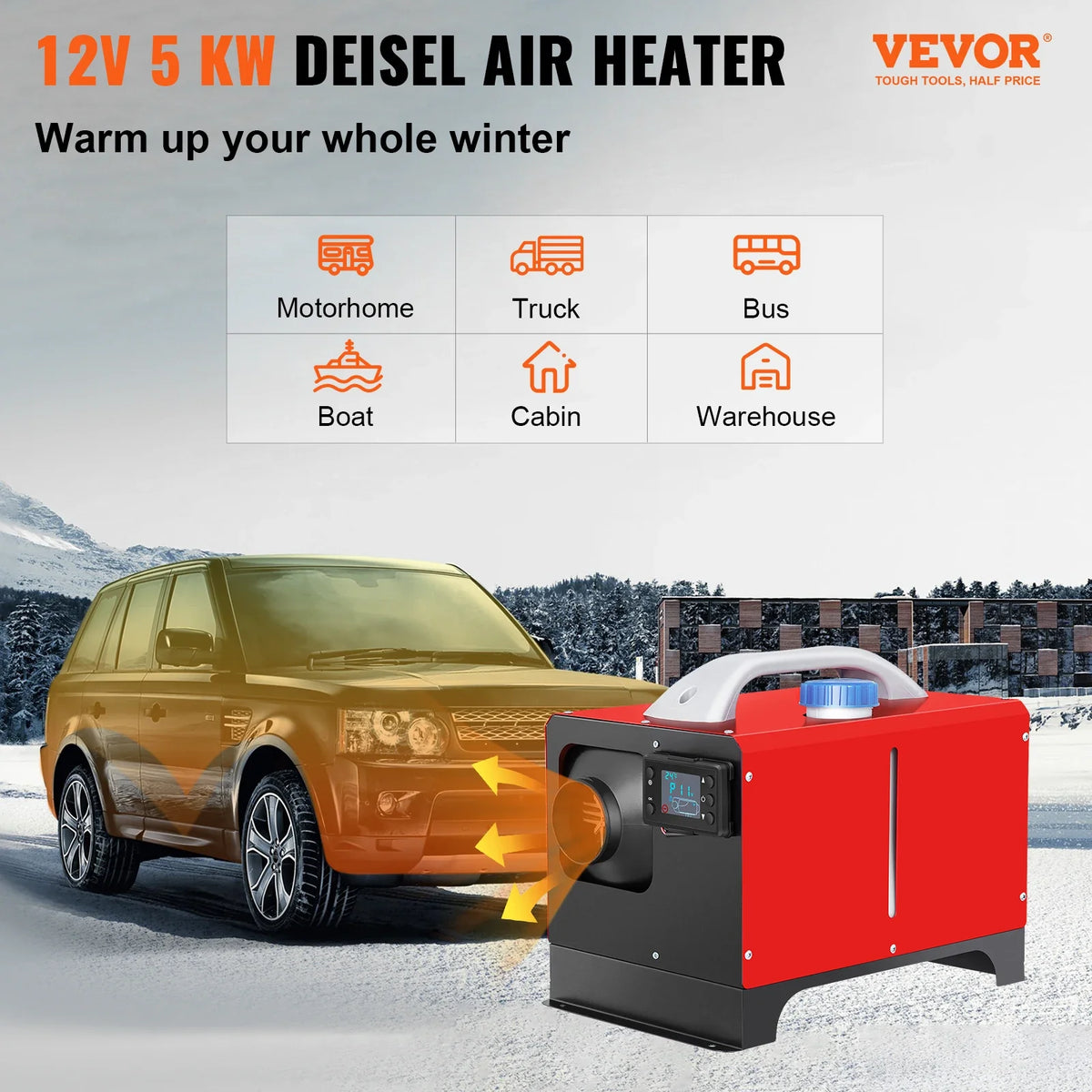 Diesel Air Heater 5KW 12V Parking Heater Single Outlet Hole Black LCD Remote Control For RV Truck, Boat, Bus, Car Trailer