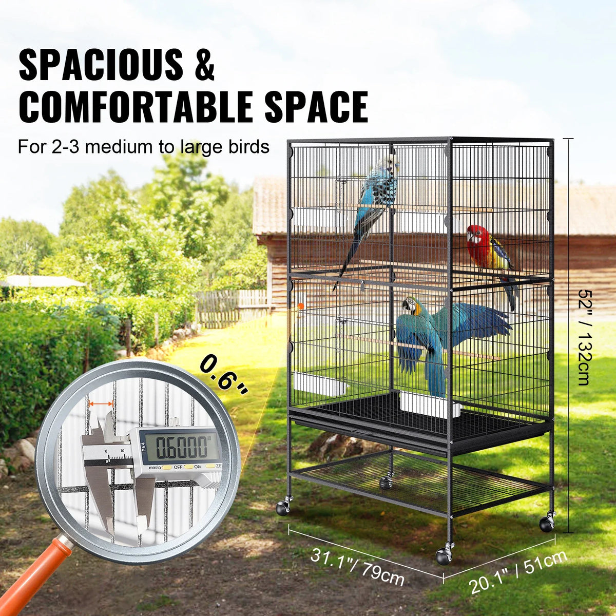 52inch Standing Large Bird Cage Carbon Steel Flight Bird Cage for Parakeets/Cockatiels/Parrots/Macaw with Rolling Stand