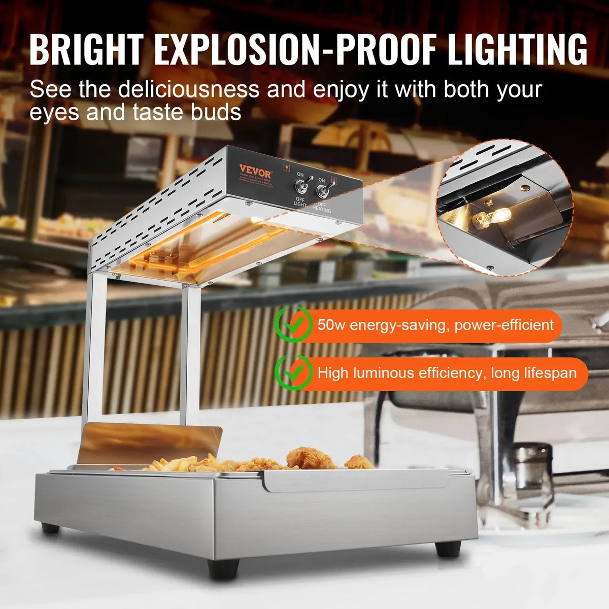 750/1000W Commercial French Fry Warmer with Heating Lamp, 104-122°F for Chip Buffet & Restaurant Countertop