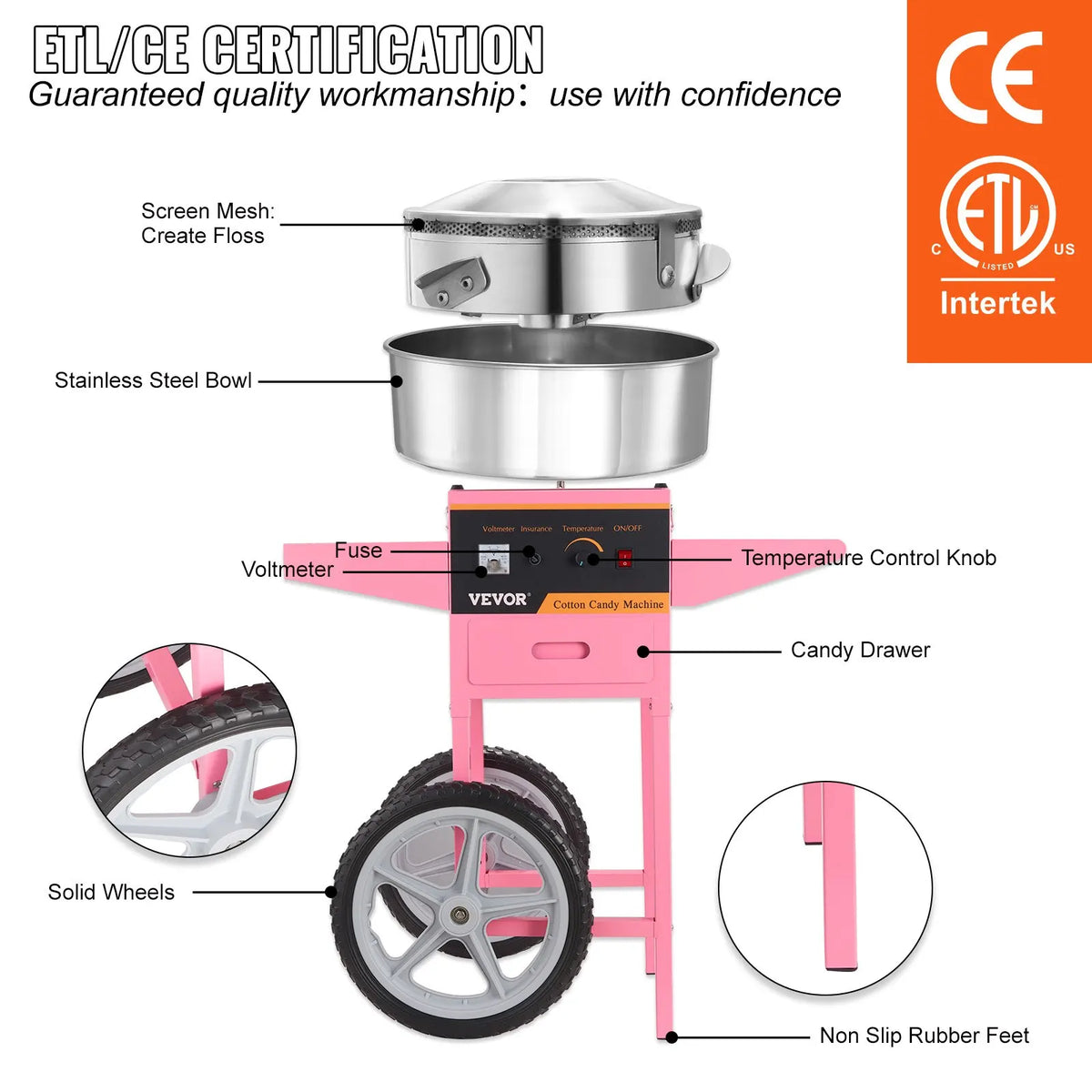 Electric Cotton Candy Machine with Cart and No Bubble Cover,1000W Floss Maker Perfect for Home,Kids Birthday,Family Party