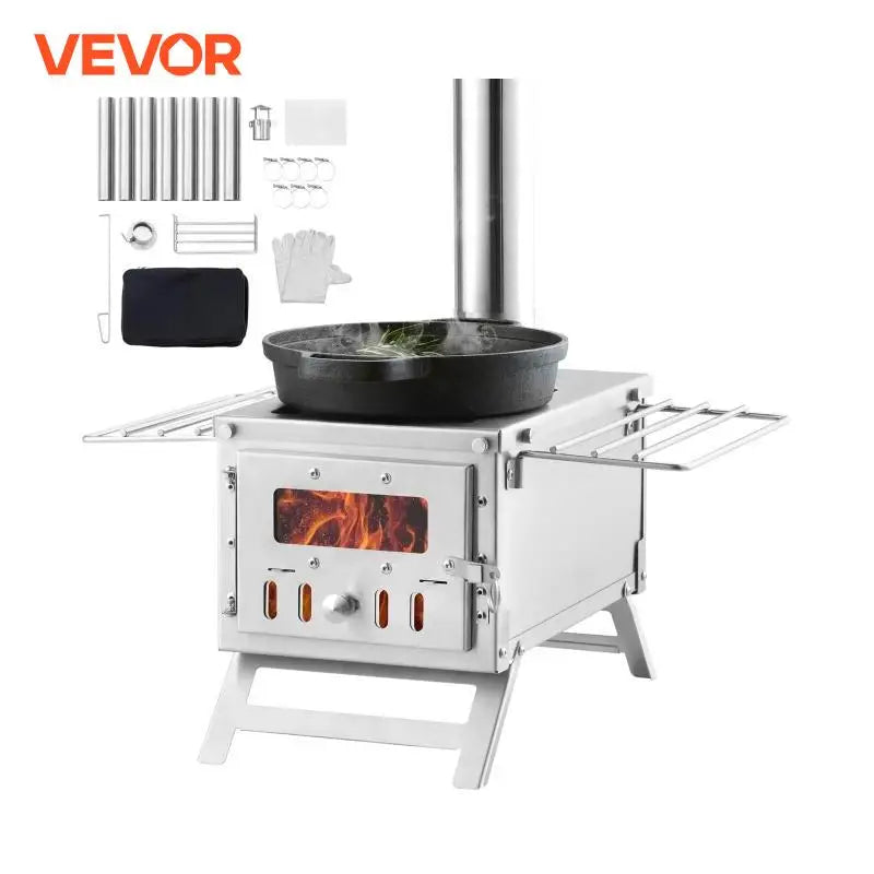 Wood Stove 80 in Stainless Steel Camping Tent Stove Portable Wood Burning Stove with Chimney Pipes & Gloves 700in³Firebox