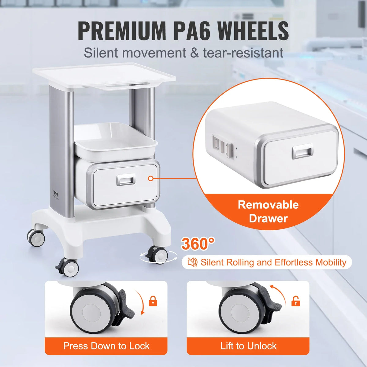 2 Tiers Lab Carts Lab Utility Cart Mobile Medical with ABS Material Lab Rolling Cart for Lab Clinic Hospital Salon