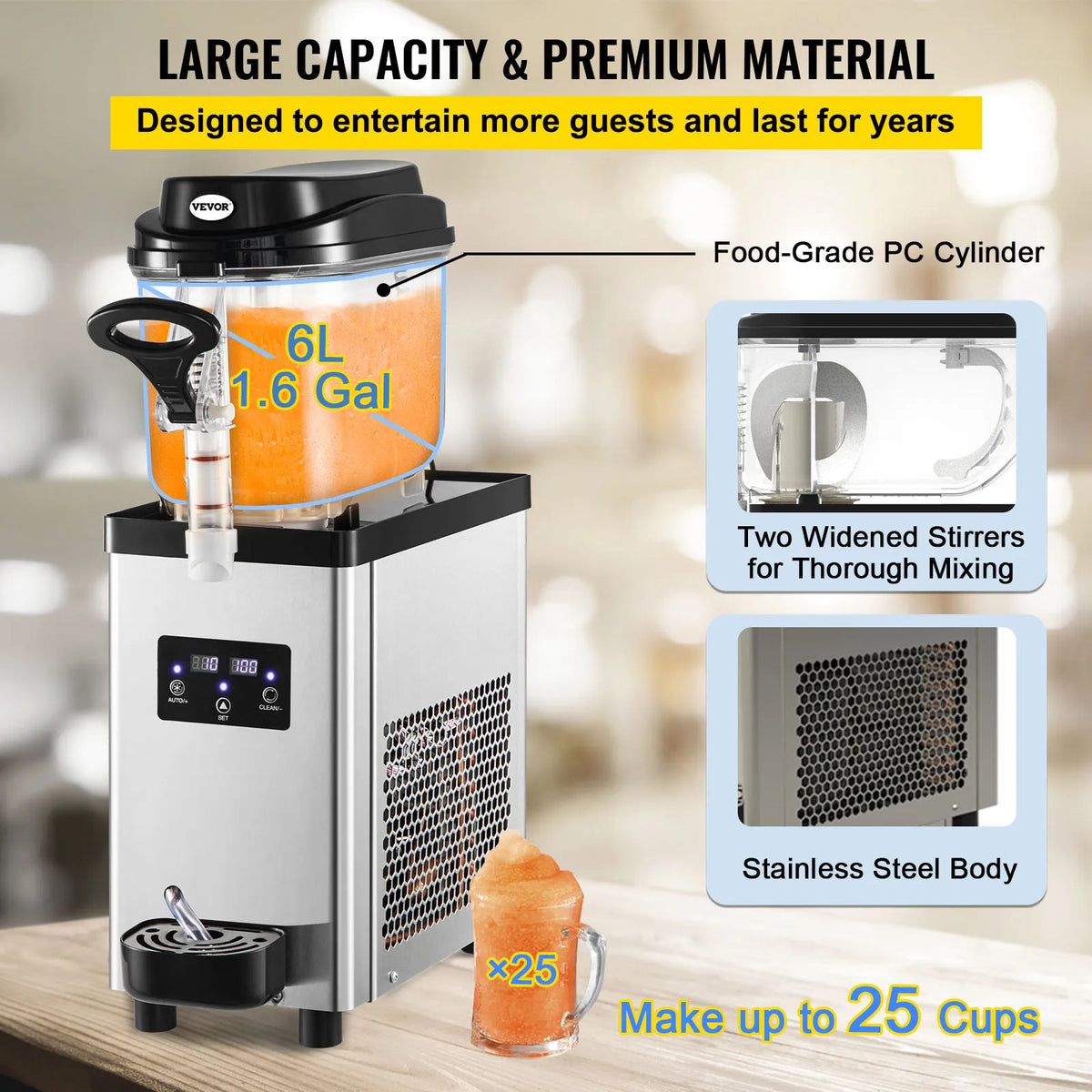 Commercial Slushy Machine, 6L 25 Cups Single-Bowl, 300W Stainless Steel Margarita Smoothie Frozen Drink Maker, for Cafes
