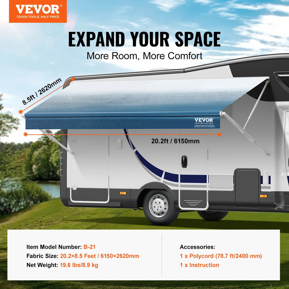 RV Awning Fabric Replacement 20'2" Fabric Length for 21' Awning Heavy Duty 3-Ply 16oz PVC Camper Awning Fabric Waterproof