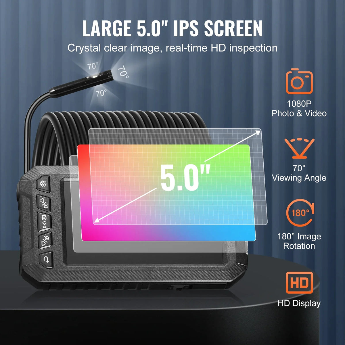 Endoscope Camera Light Triple Lens Borescope  49.2FT Semi-Rigid Cable 5" Screen 1080P Inspection Camera for Auto Plumbing