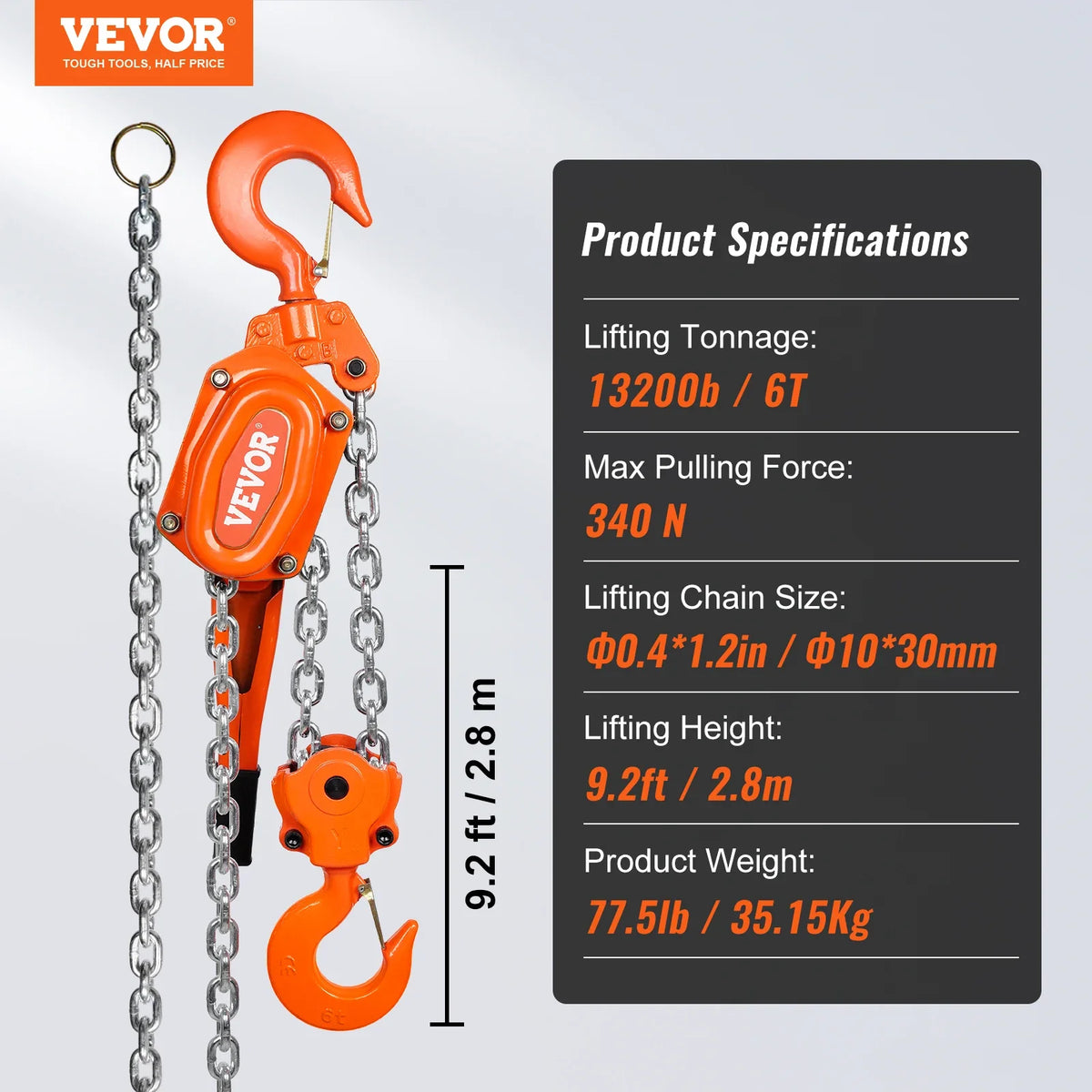 Manual Lever Chain Hoist 0.75/1.5/3/6Ton 10/20 FT Come Along G80 Galvanized Carbon Steel Auto Chain Leading for Garage