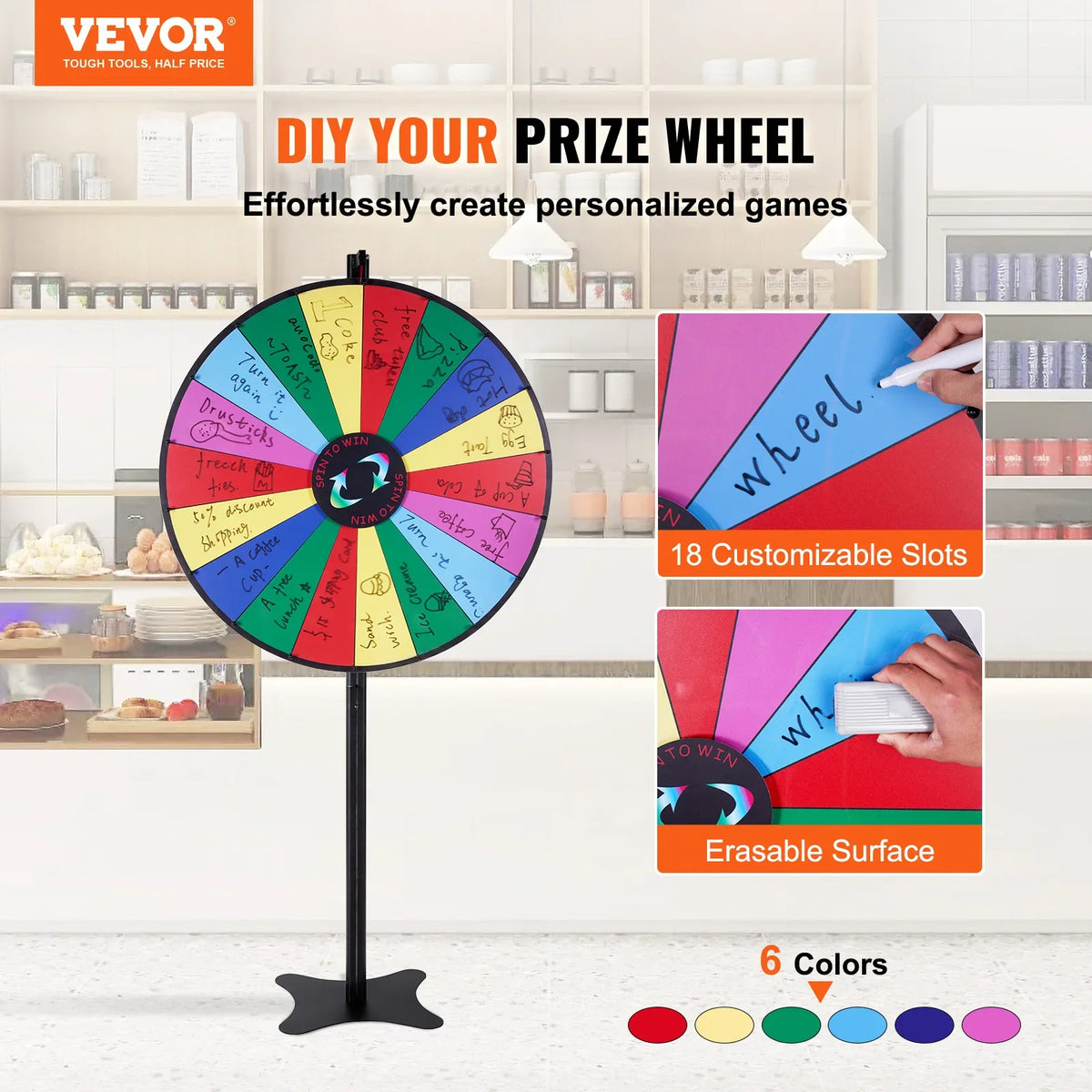 18/24/36 inch Spinning Prize Wheel 14 Slots Spinning Wheel Tabletop or Floor Standing Win Fortune Spin Games in Party Pub