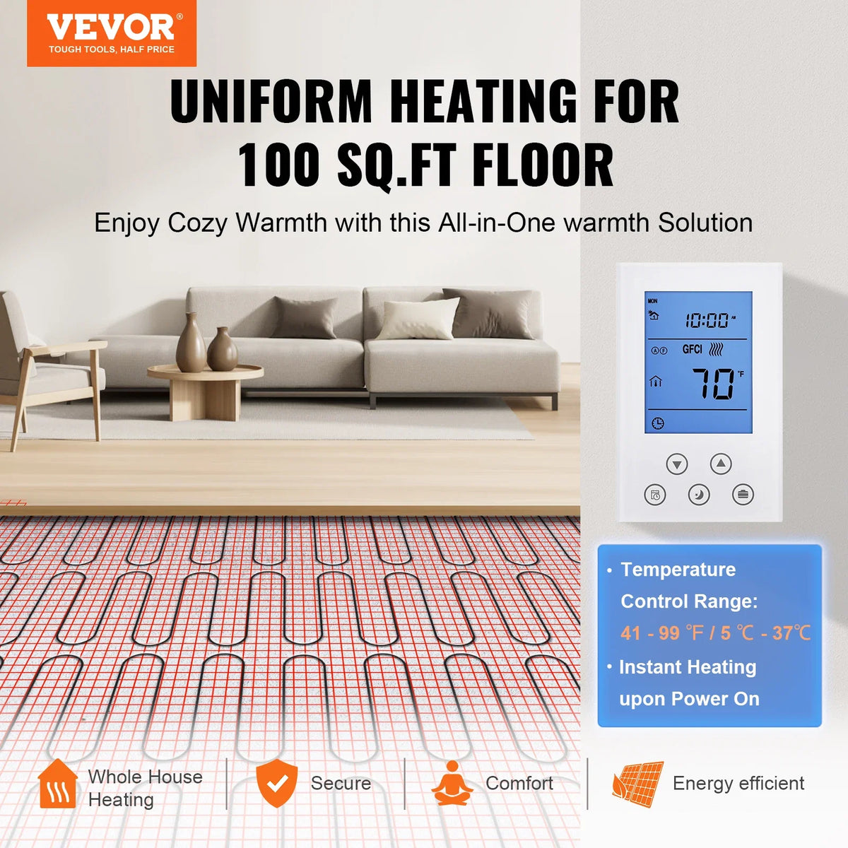Floor Heating Mat 10/20100 Sq.ft. Electric Radiant Floor Heated Warm System w/ Digital Floor Sensing Thermostat for Honme