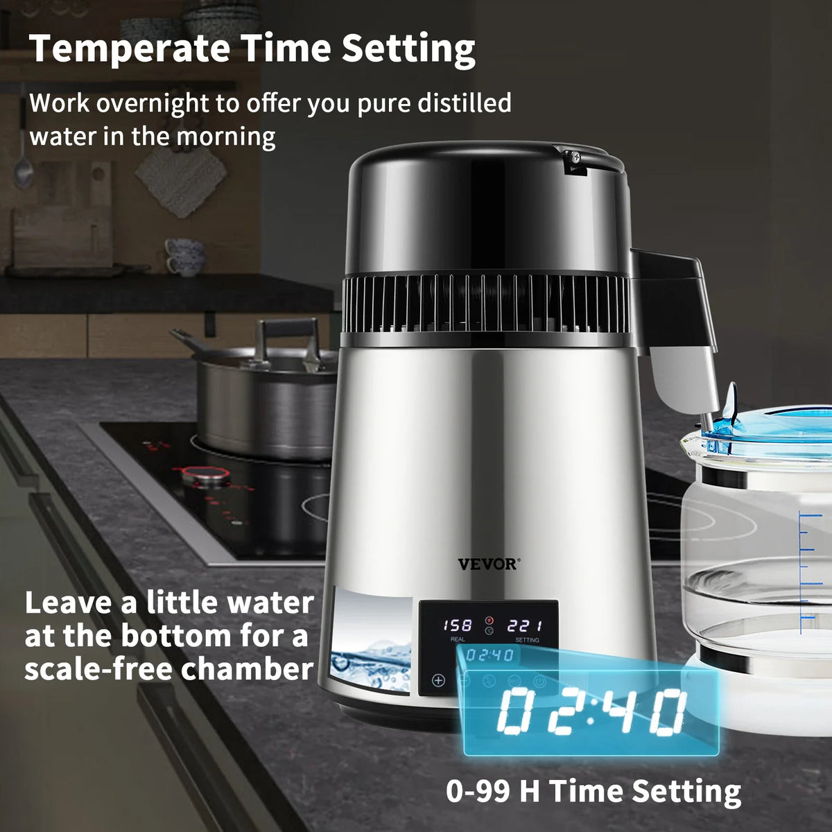1.5L/H Distilling Speed 4L Water Distiller Treatmen Purifier Filter Timing Dual Temp Display 304 Stainless Home Appliance