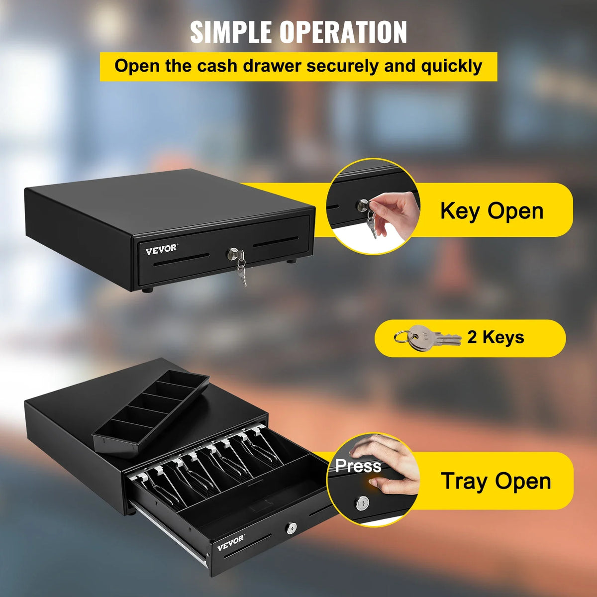Cash Register Drawer 13" 2 Unlocking Ways Fully Removable Design with 4 Bill 5 Coin Cash Tray 2 Keys Included Compact Size
