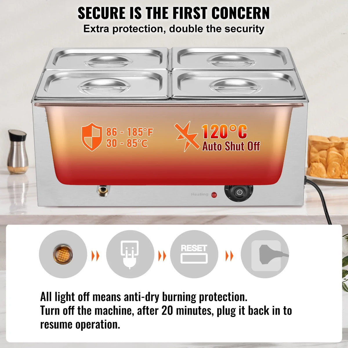 4-Pan Commercial Food Warmer, 15.9QT Electric Steam Table, 1200W Professional Countertop Stainless Steel Buffet Bain Marie