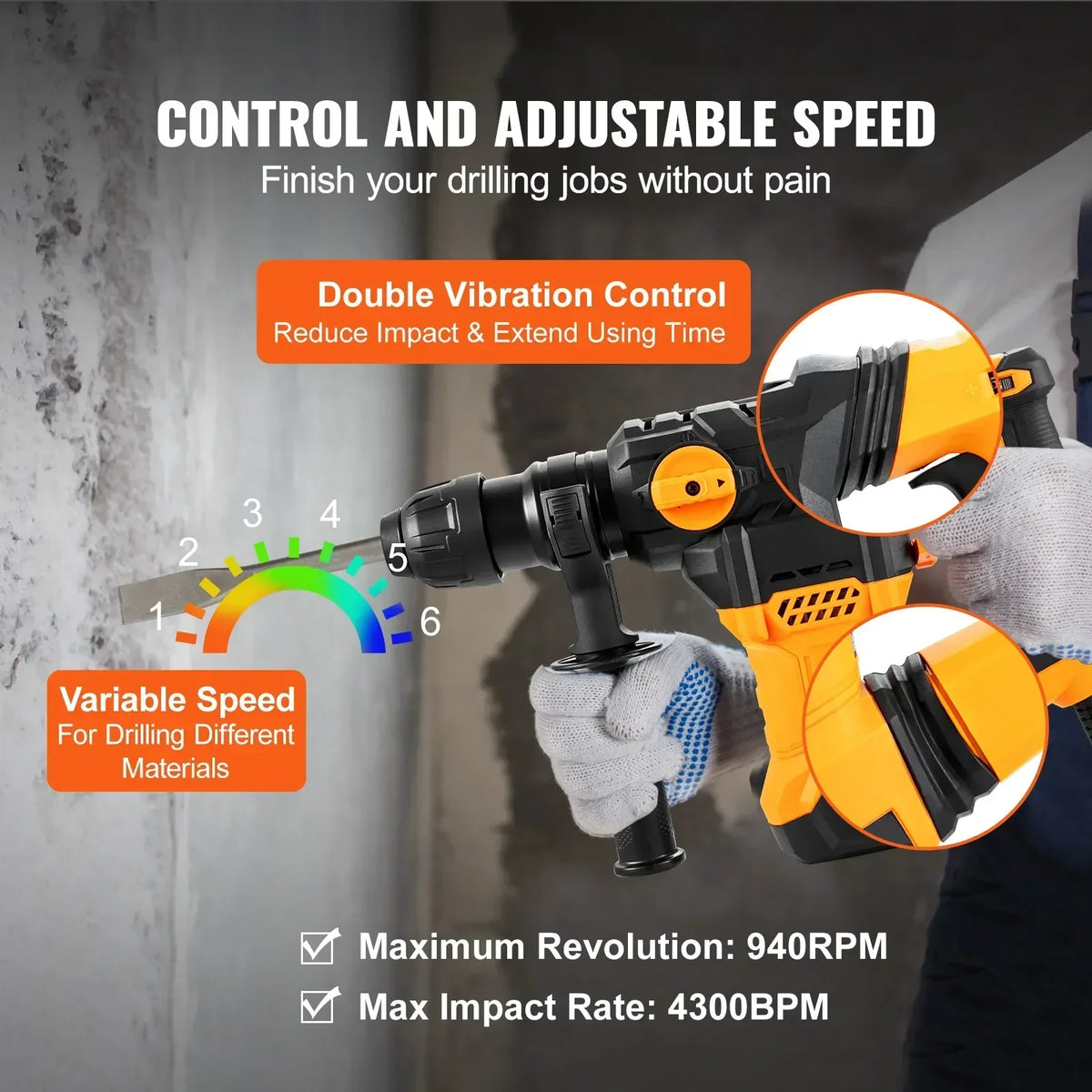 Rotary Hammer Drill  4 Modes SDS-Plus Corded Demolition Chipping Metal Concrete Breaker Jackhammer 1500W Max Drilling 32mm
