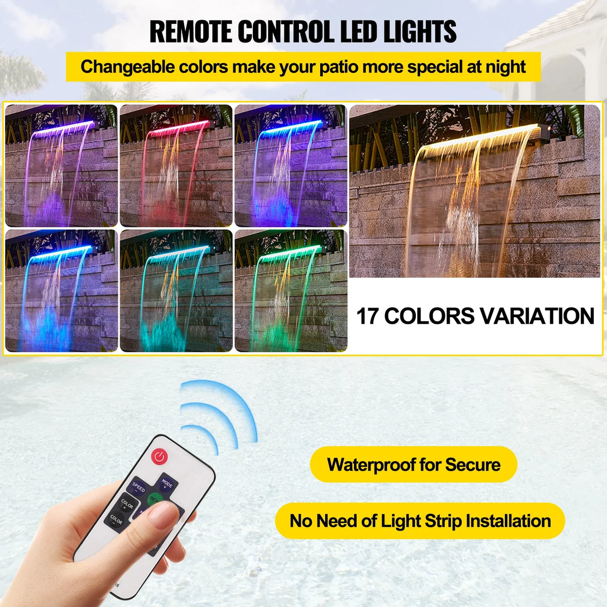 Fountain Spillway 92cm Width Pool Waterfall Fountain W/17 Colors Led Pool Waterfall Kit Outdoor Garden Pool Waterfall