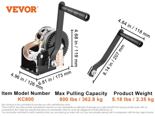 Hand Winch 800 lbs/3500 LBS Capacity Brake Winch W/ 33 ft Steel Rope Traction Hoisting Hand Winch for ATVs Boats Trailers