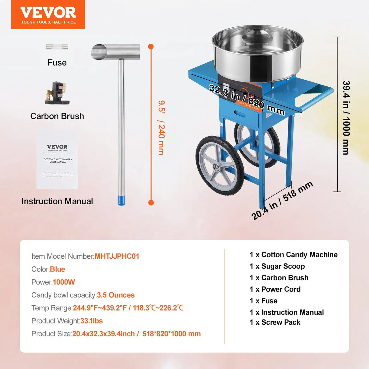 Electric Cotton Candy Machine with Cart and No Bubble Cover,1000W Floss Maker Perfect for Home,Kids Birthday,Family Party