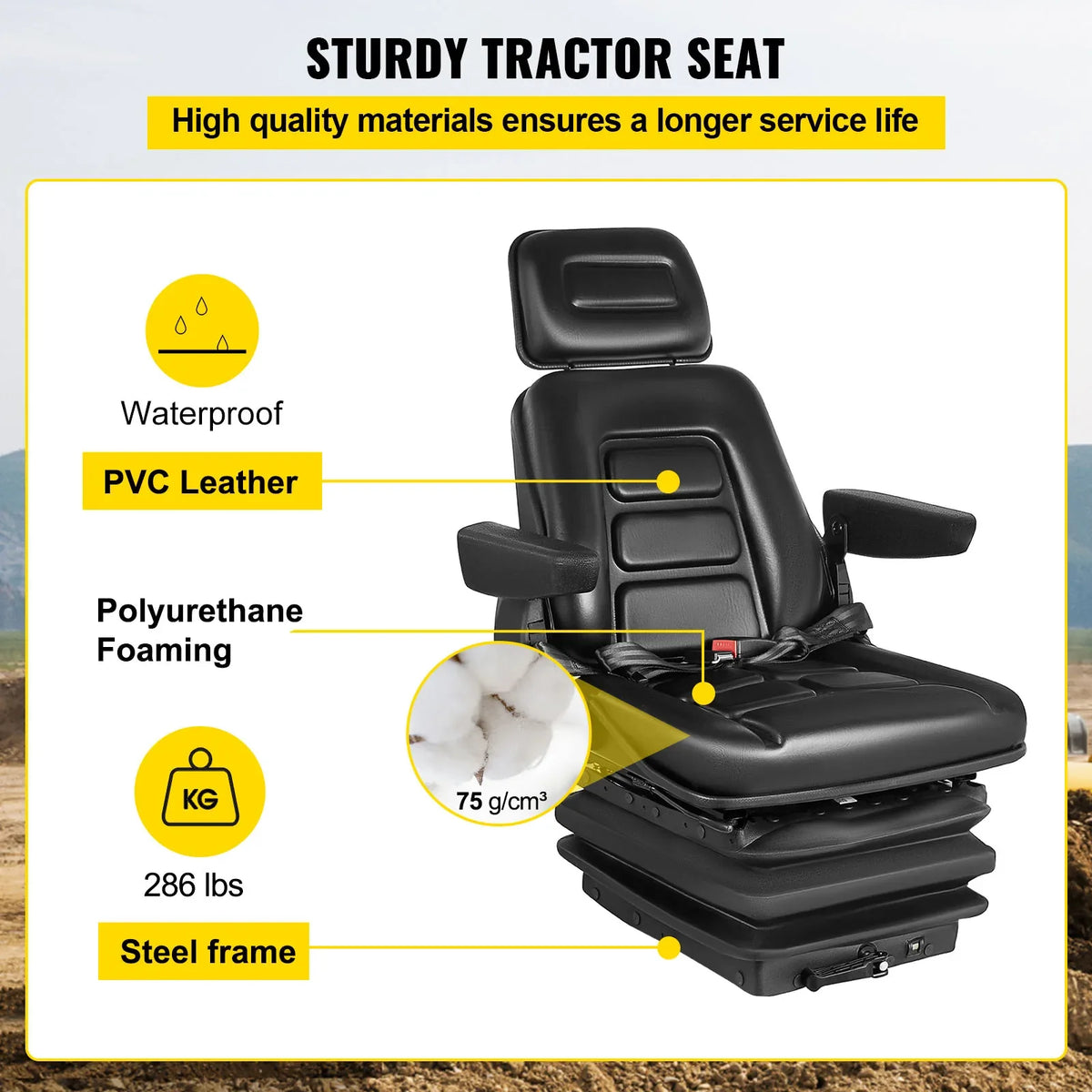 Replacement Tractor Seat Suspension Angel Adjustable with Seat Belt and Lock for Mowers Excavators Graders Wheel Loaders