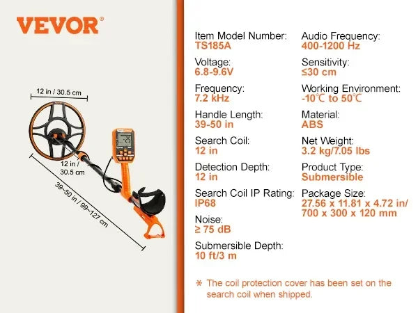 Professional Rechargeable Metal Detector 12" IP68 Waterproof Coil 39-50 in Adjustable with LCD 7Modes for Treasure Hunting