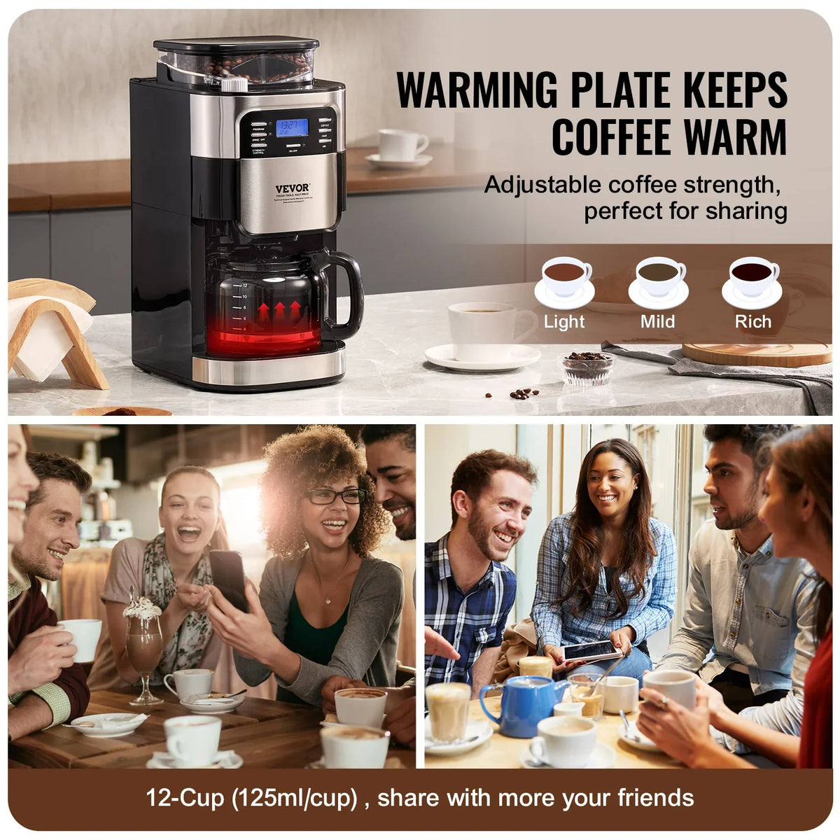 Coffee Maker with Grinder, 12 Cup Grind and Brew Coffee Maker with 3 Brew Strength Control, 24-Hour Timer for Auto Brew