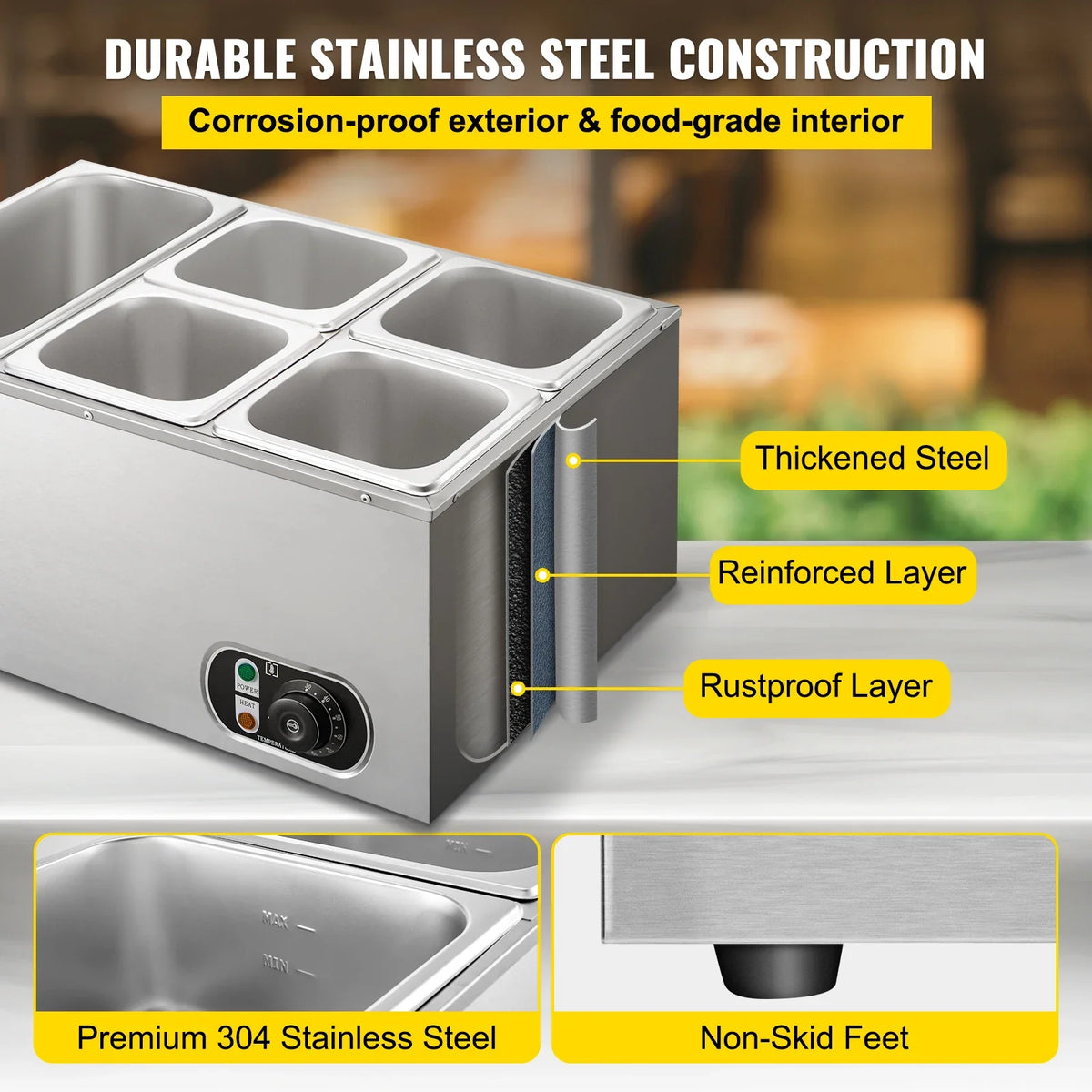 110V Commercial Food Warmer 1x1/3GN&4x1/6GN 5-Pan Stainless Steel Bain Marie 13.7 Quart Capacity for Catering Restaurants